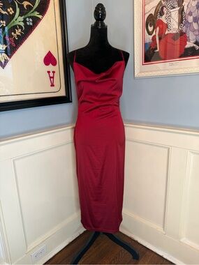Red Satin Cowel Neck Midi Slip Dress Sz 10